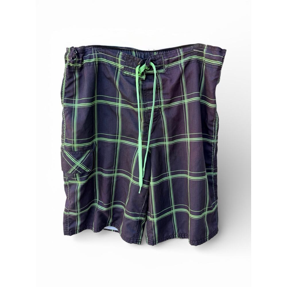 Op Plaid Board Shorts Mens Medium 32-34 Black Green Surf Swim Trunks